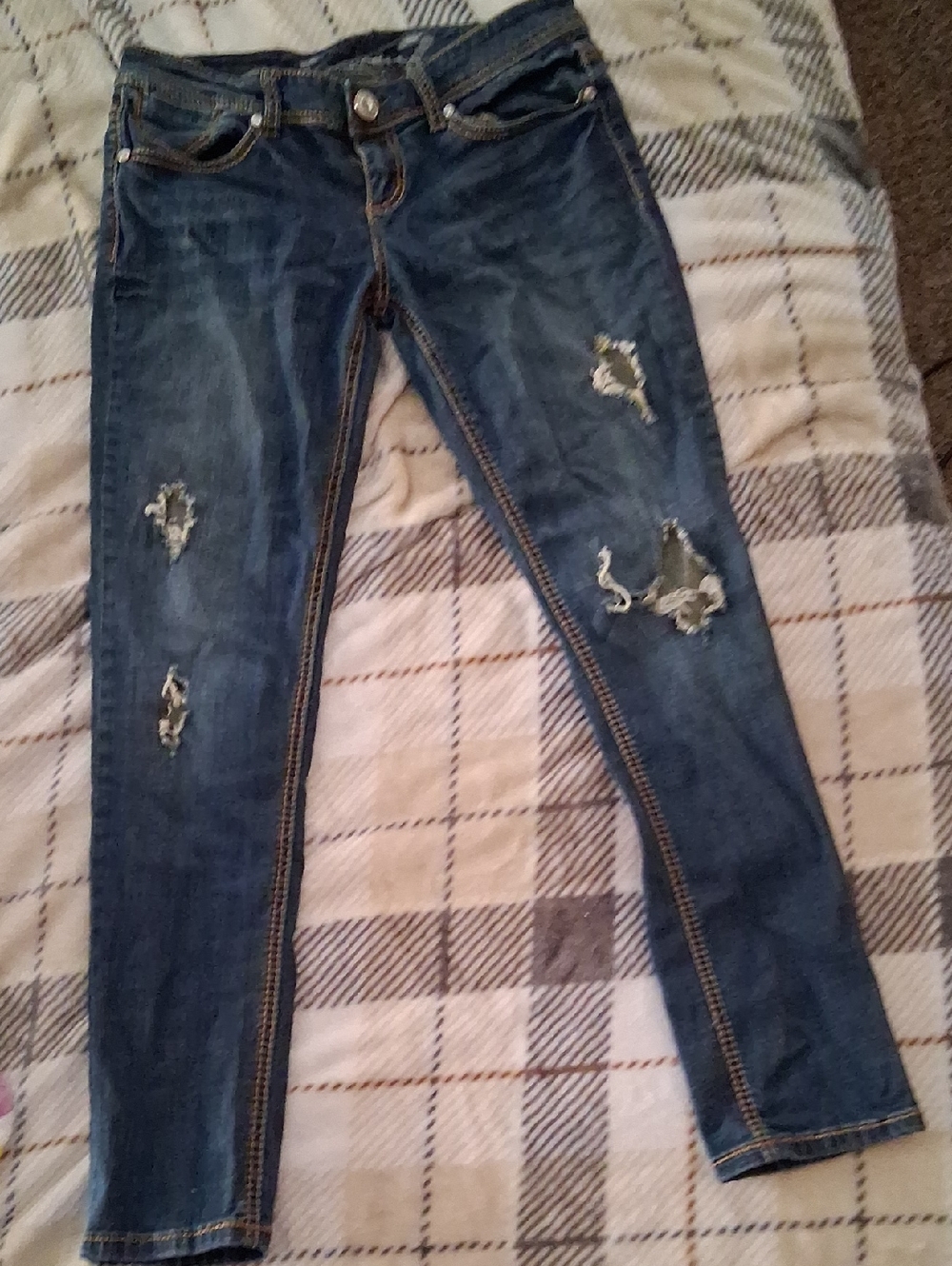 Seven7 Women's Dark Blue Distressed Skinny Jeans